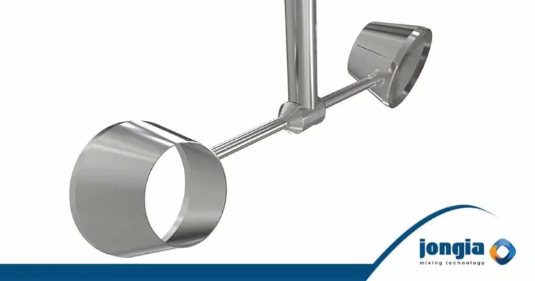 A 3D-rendered image of a stainless steel industrial mixing impeller with two large, open cylindrical blades, shown diagonally on a white background. The Jongia logo is visible in the bottom right corner, emphasizing advanced mixing technology.