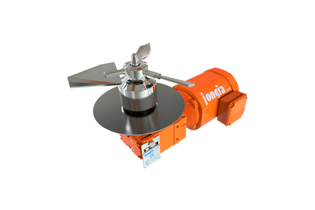 Een feloranje industriële machine met het label Iongin met een cirkelvormig metalen platform, klemmen en een roterende arm voor het automatisch hanteren, verwerken of mengen van monsters. De achtergrond is egaal wit.