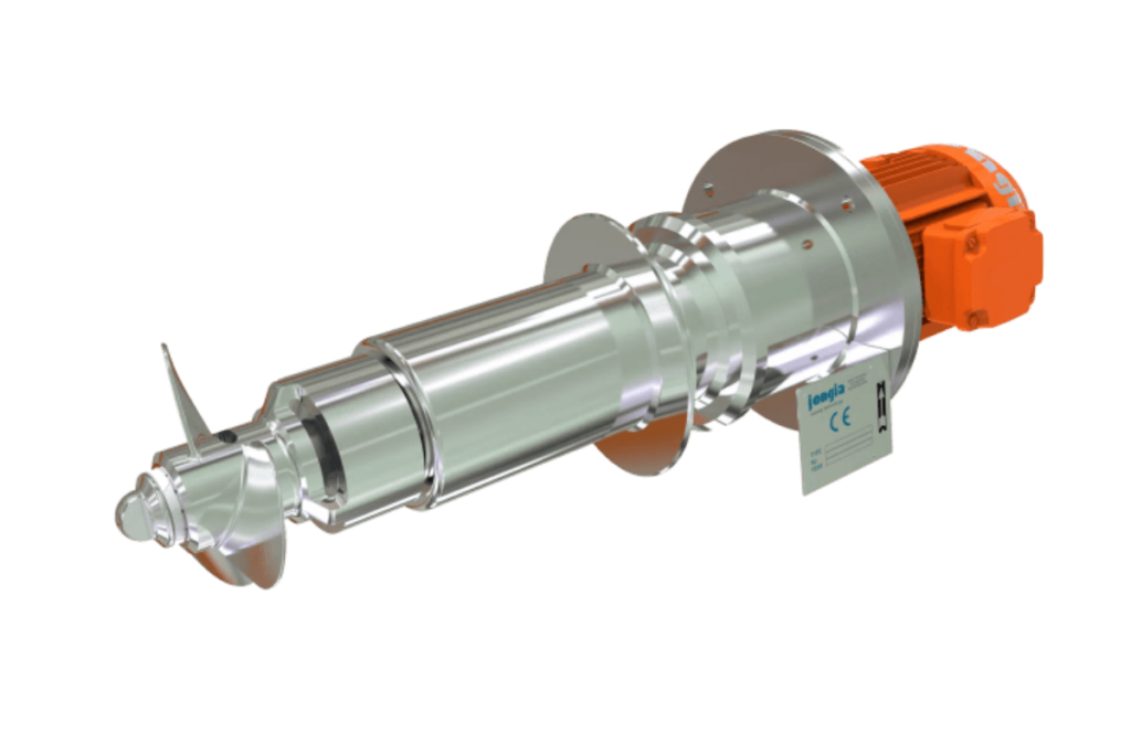 A stainless steel industrial mixing mixer with a horizontal cylindrical body, attached blade, and an orange electric motor on one end, displayed against a plain white background.