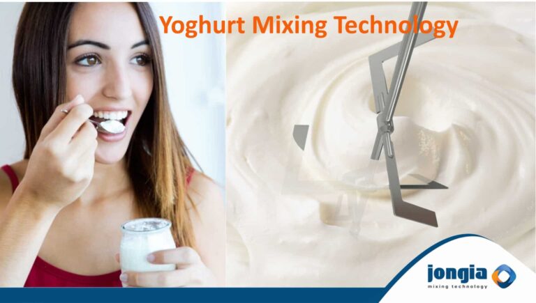 A woman enjoys yogurt with a spoon, smiling as she holds a yogurt jar. Beside her, watch as yogurt is expertly blended using advanced mixing technology. Text reads Yoghurt Mixing Technology with the Jongia logo at the bottom.
