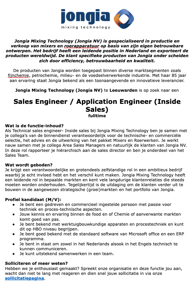 Vacature Sales Engineer-Application Engineer (inside Sales)