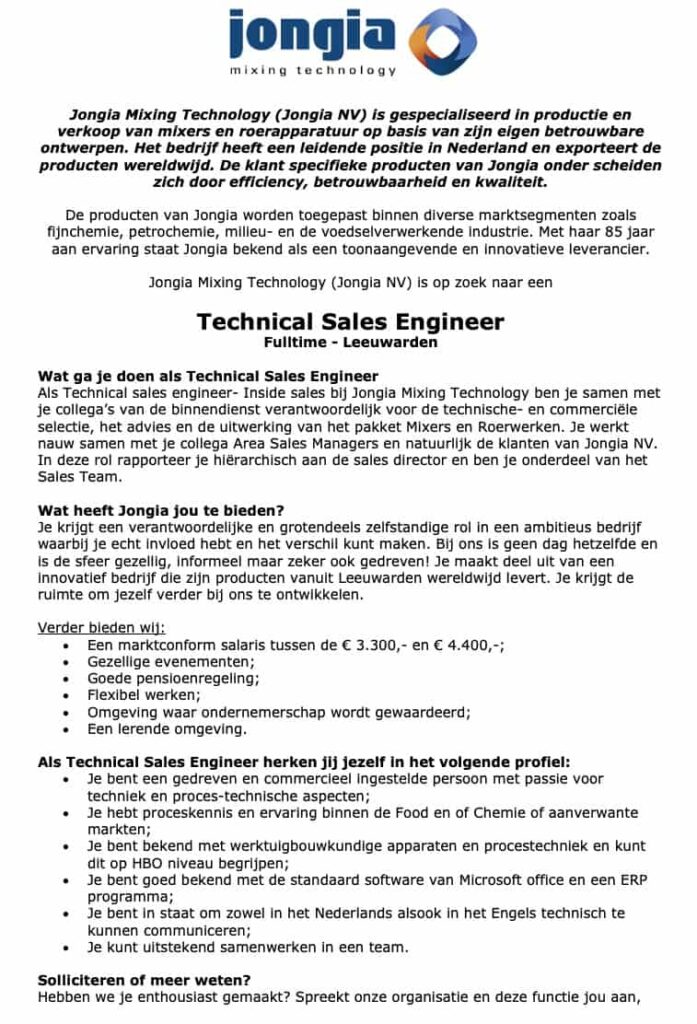 vacature technical sales engineer