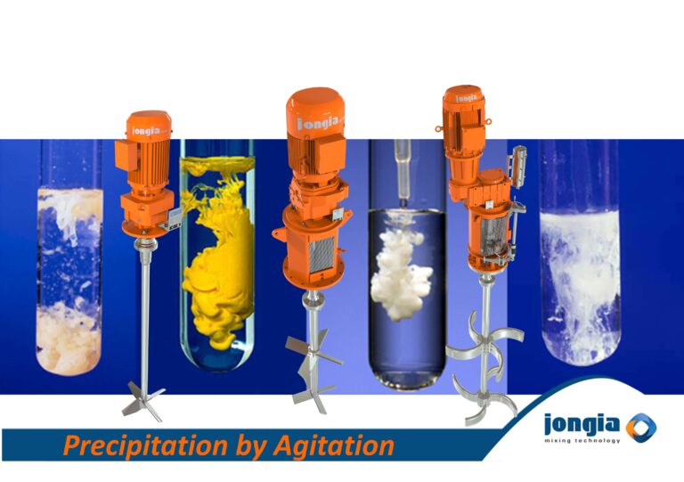 Three orange industrial agitators are shown in front of test tubes with yellow and white liquids mixing, demonstrating precipitation by agitation. The Jongia logo and Precipitation by Agitation label are at the bottom.