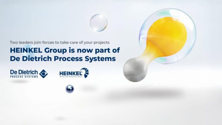 Announcement graphic featuring abstract glass shapes and text stating HEINKEL Group, known for mixing solutions, is now part of De Dietrich Process Systems, with both company logos displayed below the message.