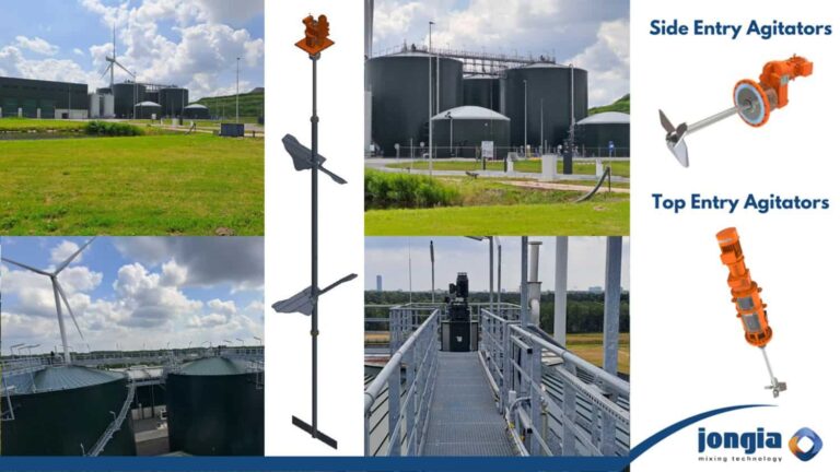 Collage of industrial tanks at a facility, diagrams of side and top entry agitators, close-up images of agitator models, and the Jongia Mixing Technology logo in the corner. Wind turbines are visible in the background.