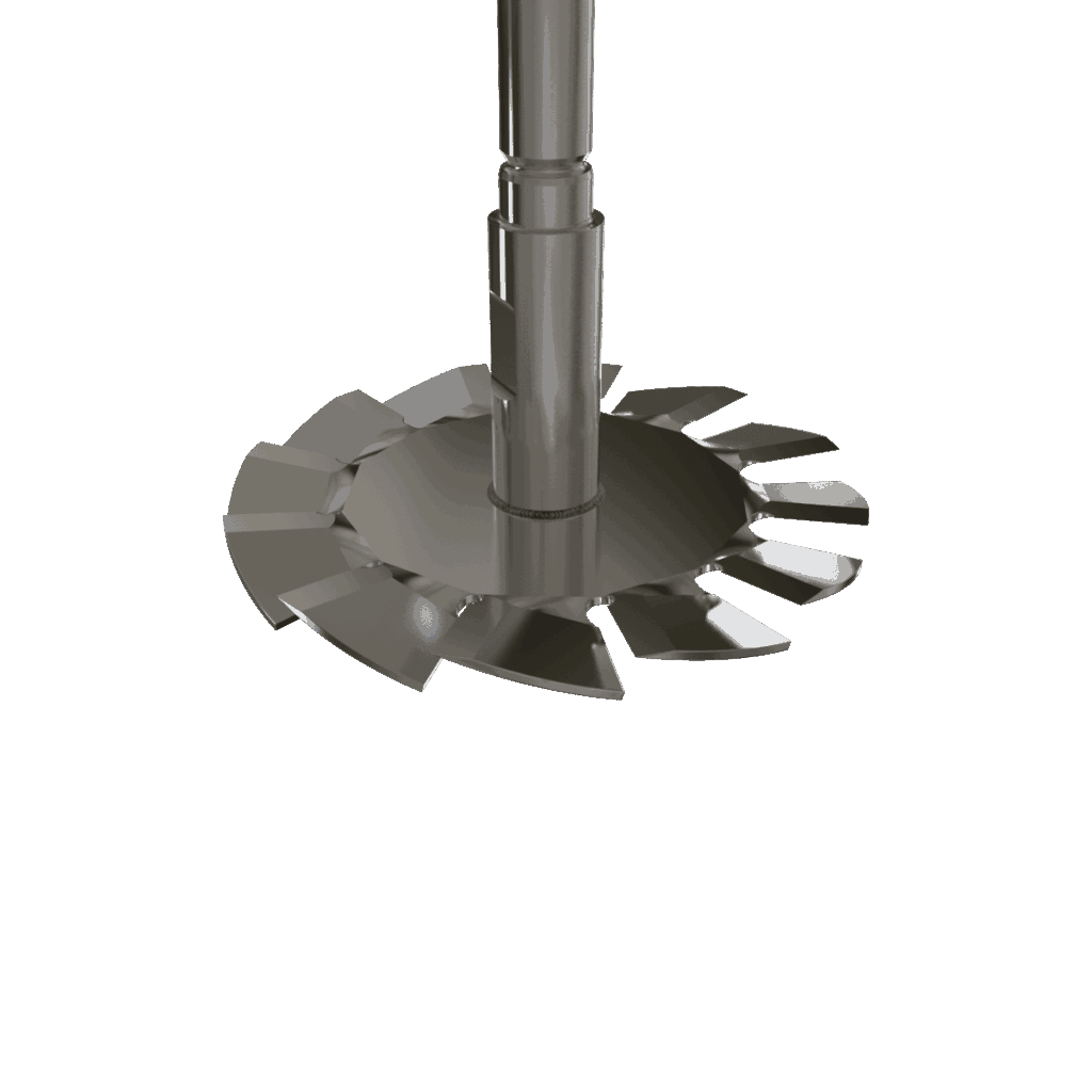 A close-up of a metallic, circular mixing component with evenly spaced, curved blades radiating outward from a central shaft, shown against a white background.