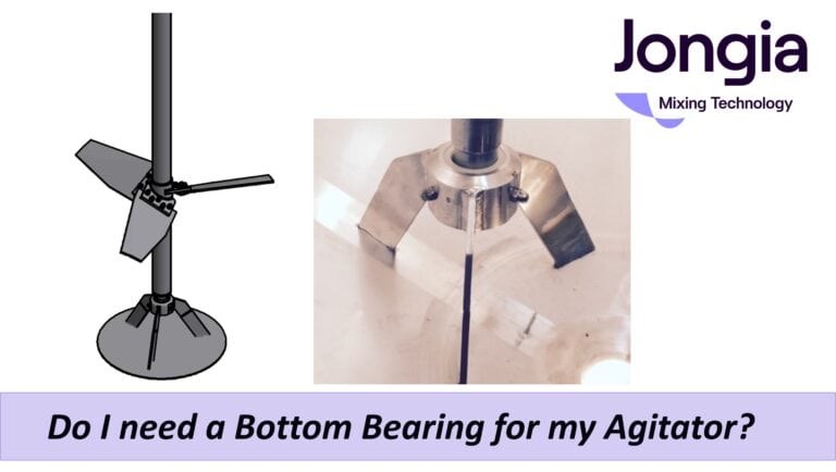 A diagram and a photo of industrial mixing agitator equipment, with the text Do I need a Bottom Bearing for my Agitator? and the Jongia Mixing Technology logo in the top right corner.