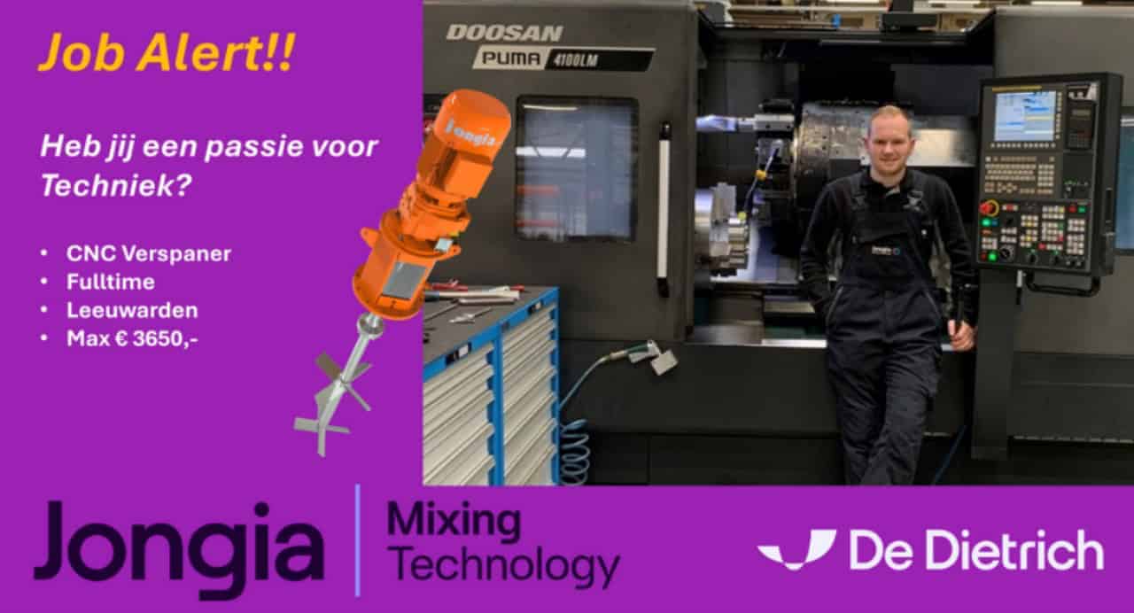Stellenanzeige mit einem CNC-Bediener, der an einer Maschine steht, Text mit Jobdetails und Bildern von Industrieanlagen. Lila und gelbes Design mit den Logos von Jongia und De Dietrich. Der niederländische Text wirbt für eine Stelle als Zerspanungsmechaniker in Leeuwarden.