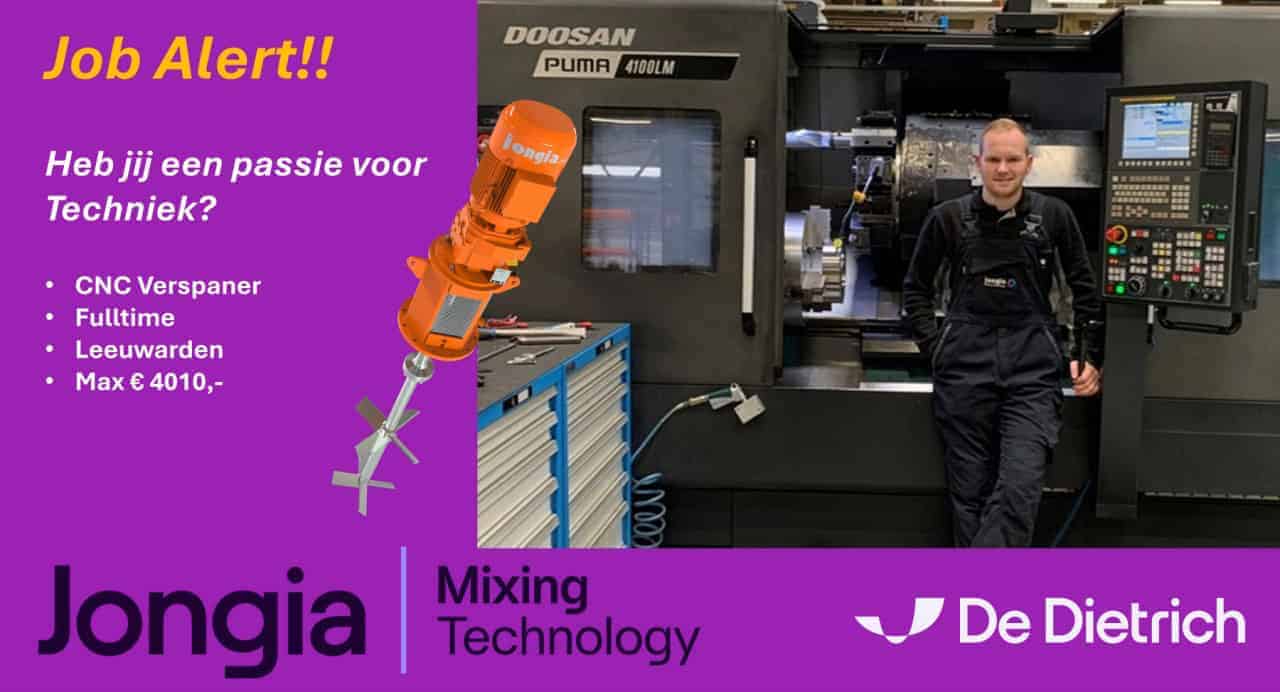 Een man in zwarte werkkleding staat lachend bij een grote industriële machine. Tekst adverteert een fulltime CNC verspaner baan in Leeuwarden met een max salaris van €4010, met Jongia en De Dietrich logo's op een paarse achtergrond.