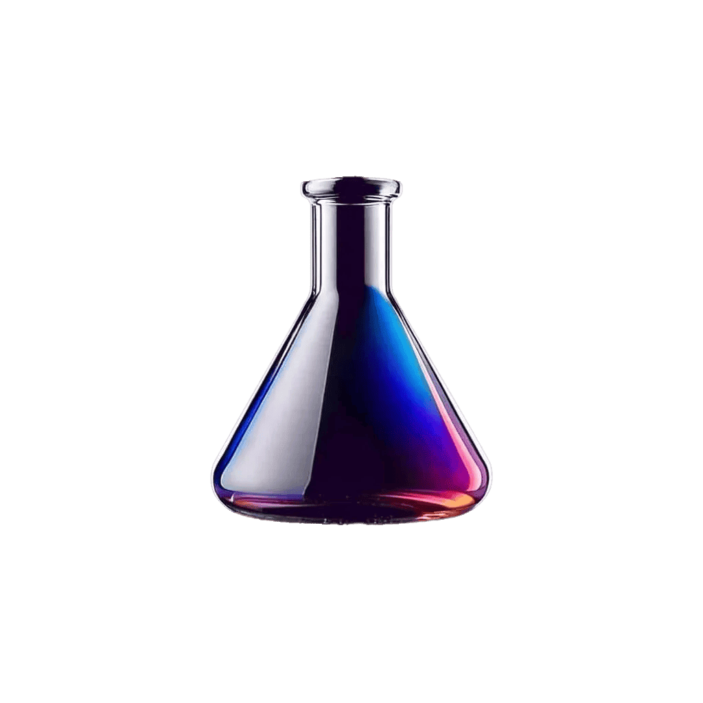 Une fiole Erlenmeyer en verre transparent, souvent utilisée dans les activités d’affaires de groupe, repose sur un fond blanc uni. Il contient un liquide sombre présentant un dégradé de violet profond, de bleu, ainsi que des touches de rose et d’orange.