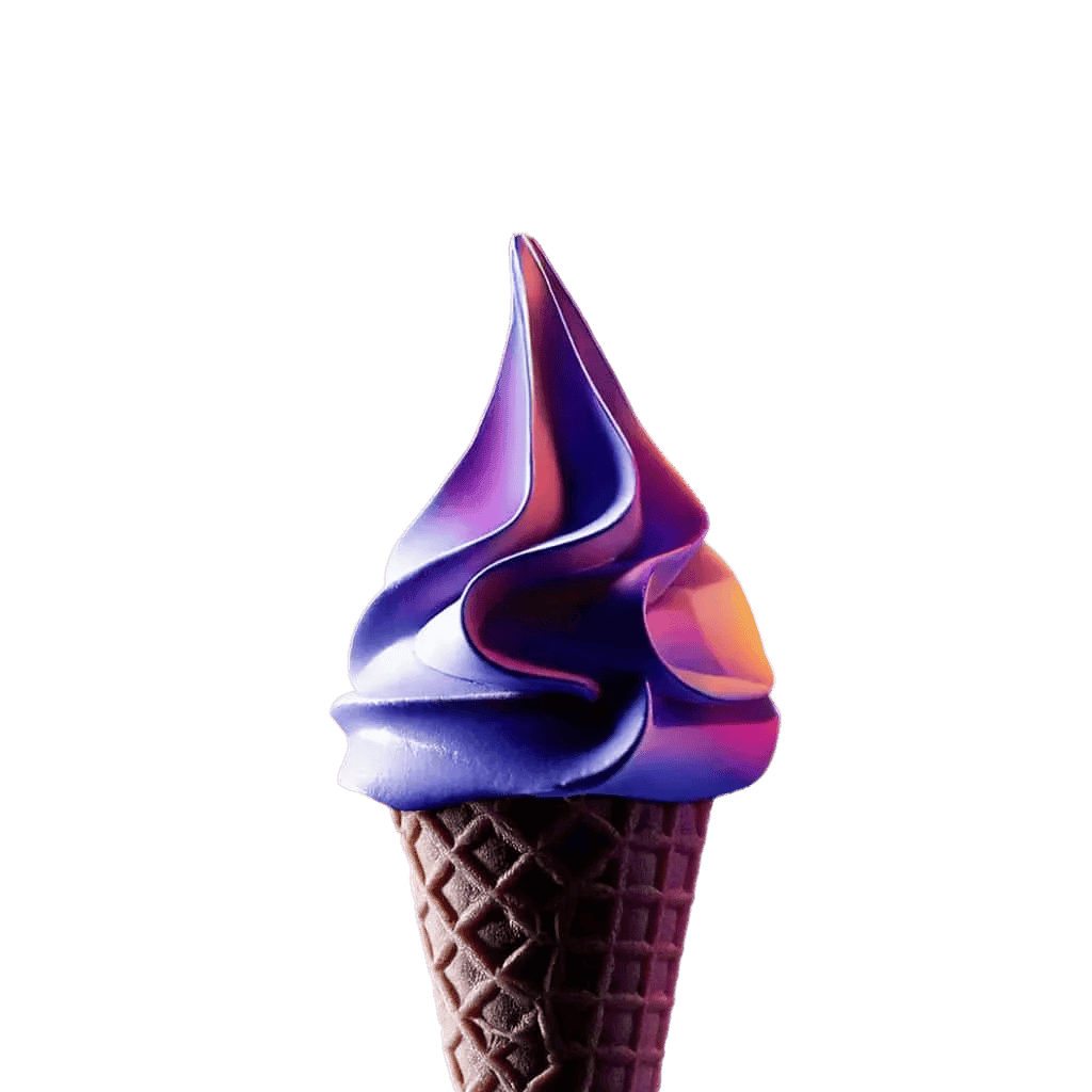 Un cornet de gaufre au chocolat contient un tourbillon de glace soft-serve violette et bleue avec des touches de rose et d’orange. Sa texture brillante ressort sur le fond blanc, faisant ressortir les couleurs vibrantes comme une touche créative dans les activités de groupe.