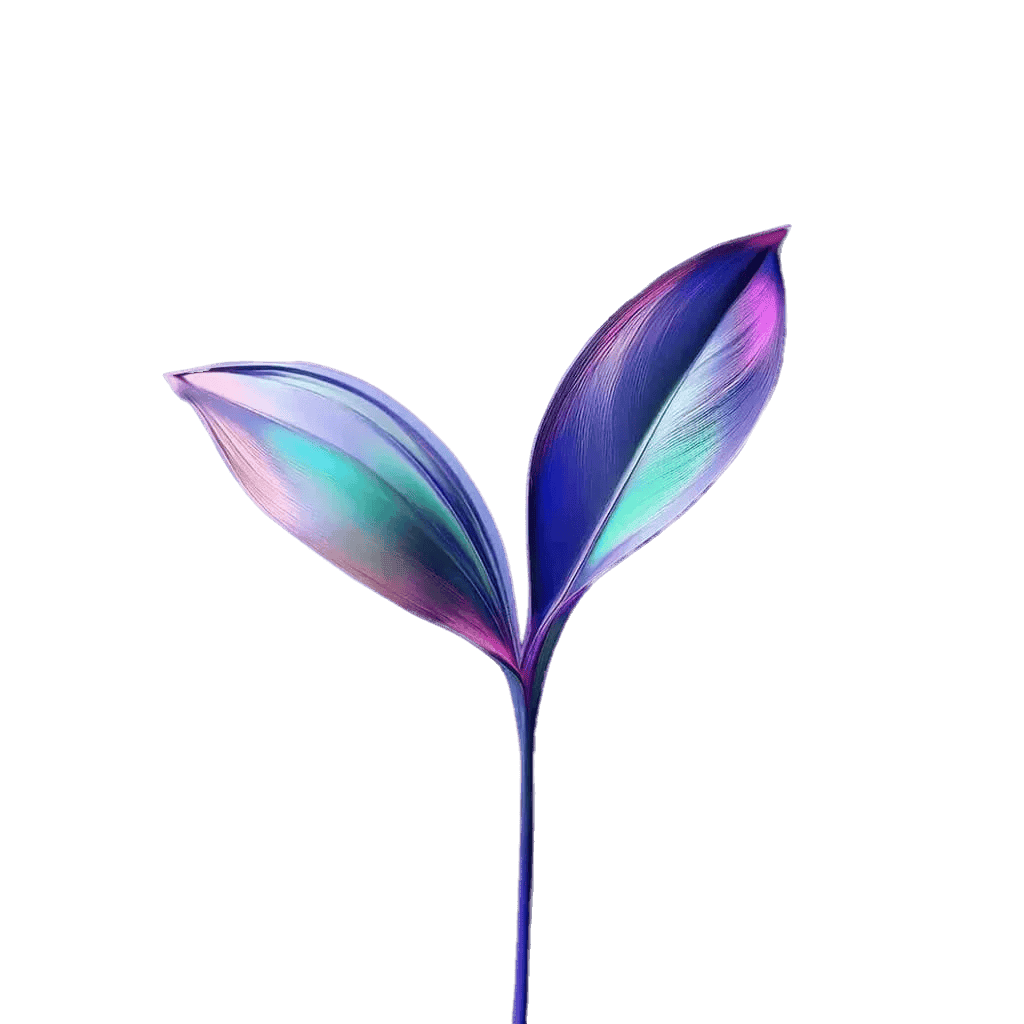 Une illustration minimaliste d’une tige de plante à deux feuilles, représentée dans des nuances irisées de violet, bleu et vert, sur un fond blanc uni — symbolisant la croissance et la collaboration dans les activités d’entreprise de groupe.