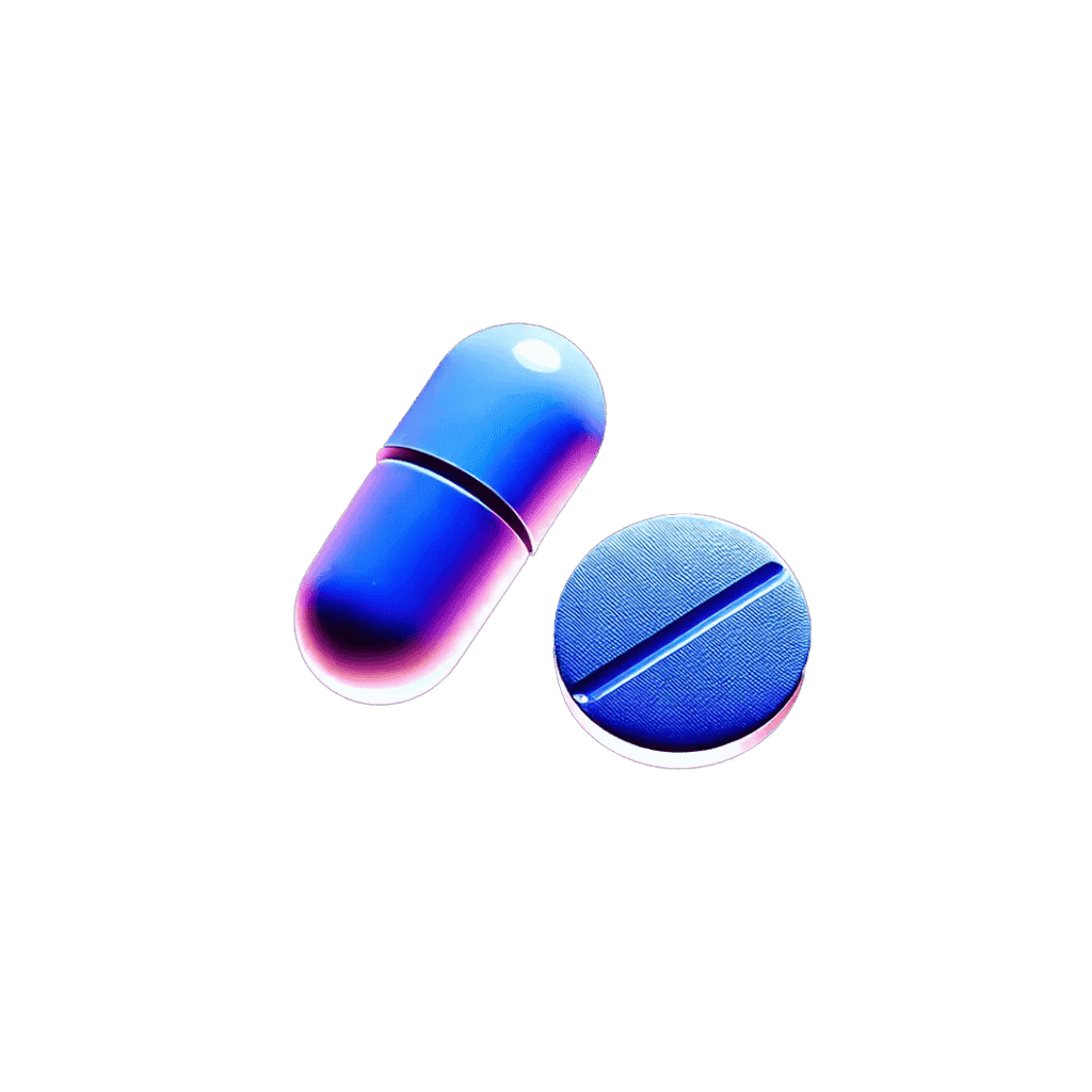Une image numérique d’une pilule en forme de capsule bleue et violette à côté d’un comprimé rond assorti avec une ligne indiquée. Leur effet dégradé et brillant donne un aspect moderne, idéal pour des présentations sur les activités d’entreprise du secteur pharmaceutique.