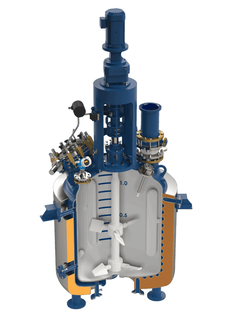 3D cutaway illustration of an industrial mixing reactor with a blue top motor, exposed internal paddles and shaft, measurement markings (0.5, 1.0) on the inside, orange insulation sides, control valves, and gauges, all on a white background.