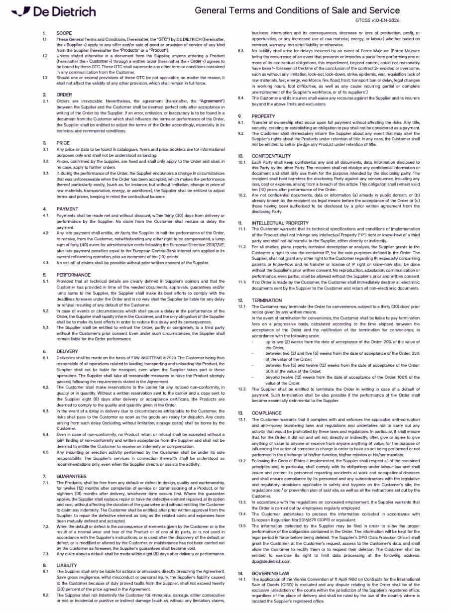 A document titled De Dietrich General Terms and Conditions of Sale and Service contains dense text in two columns with numbered sections outlining legal terms, including scope, orders, payment, delivery, liability, property, confidentiality, IP, termination, and law.