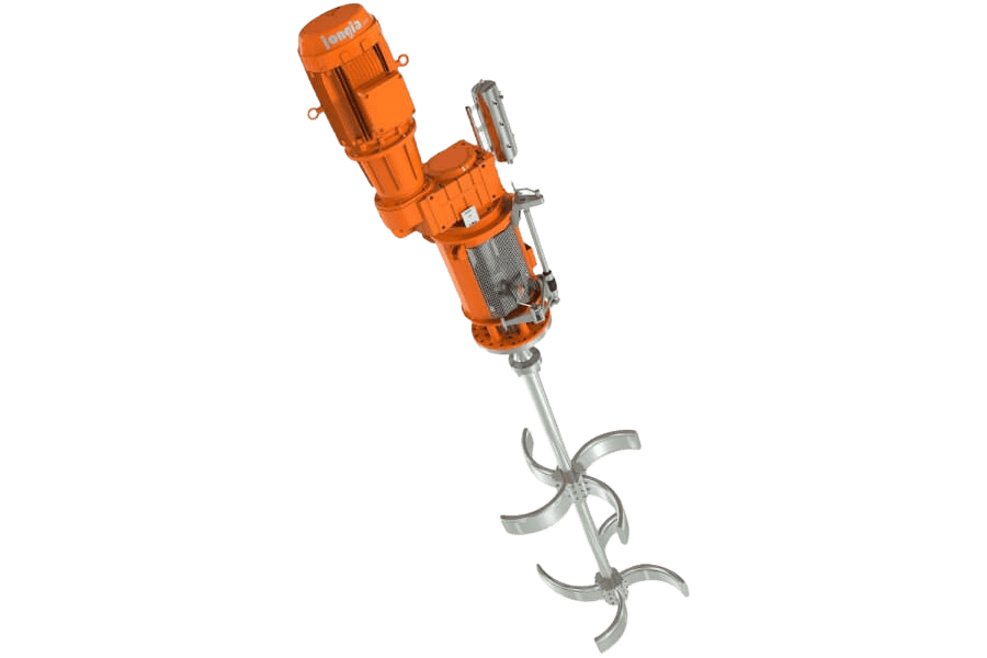 Industrial mixer with an orange motor and gearbox at the top, attached to a metallic shaft with two sets of four-blade impellers at the bottom, designed for mixing substances in large tanks. The background is plain white.