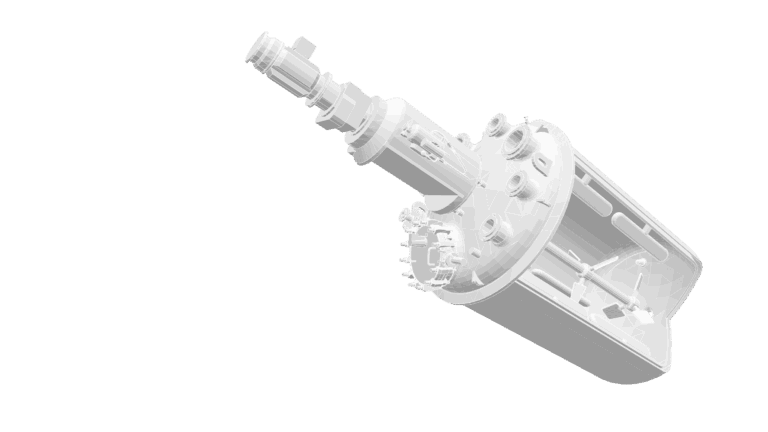 3D-rendered image of a complex mechanical component with cylindrical and hexagonal features, flanges, bolts, and various interconnected parts. The object is angled diagonally on a plain white background, showcasing its intricate structural details.