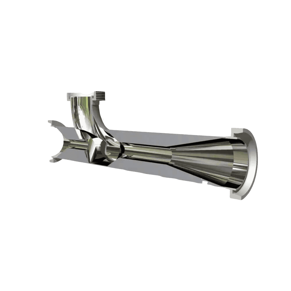 Een 3D-gerenderde metalen buissectie met een T-verbinding en flenzen, met een binnenste versmallende kegelvormige vorm die lijkt op een Venturi-buis, tegen een effen witte achtergrond. De pijp oogt gepolijst en reflecterend.