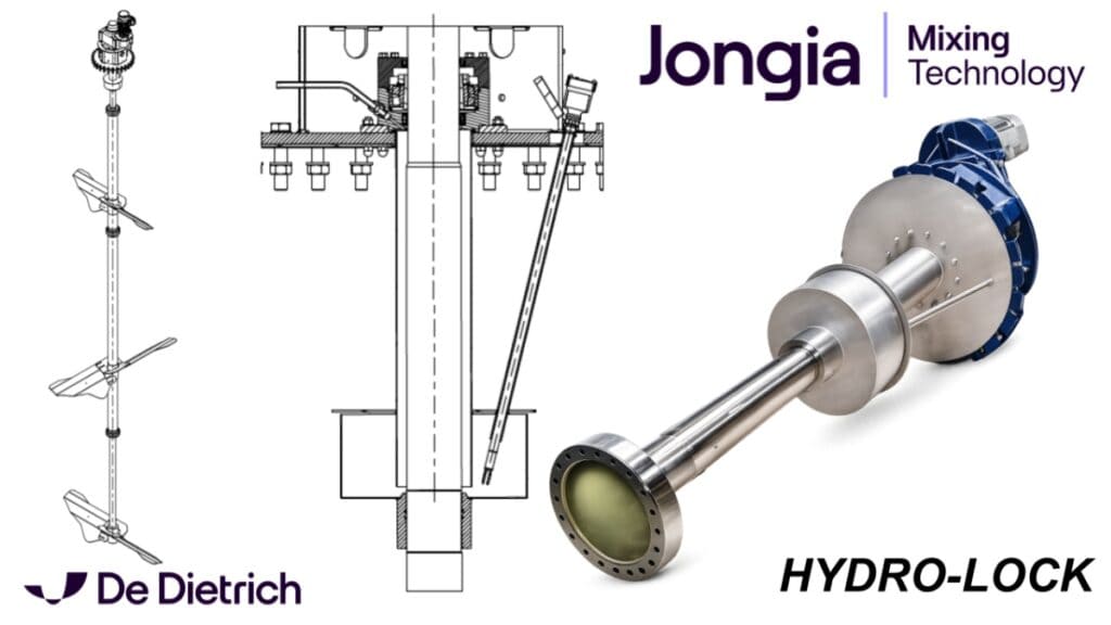 Technische Zeichnungen und ein 3D-Rendering einer industriellen Mischerwelle und Laufradbaugruppe, beschriftet HYDRO-LOCK. Logos von De Dietrich und Jongia Mixing Technology sind in den Ecken auf weißem Hintergrund zu sehen.