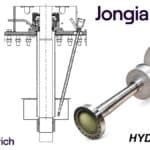 Technical drawings and a 3D render of an industrial mixer shaft and impeller assembly, labeled HYDRO-LOCK. Logos for De Dietrich and Jongia Mixing Technology are present in the corners on a white background.