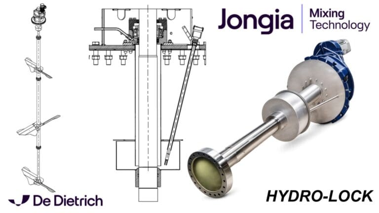 Technical drawings and a 3D render of an industrial mixer shaft and impeller assembly, labeled HYDRO-LOCK. Logos for De Dietrich and Jongia Mixing Technology are present in the corners on a white background.