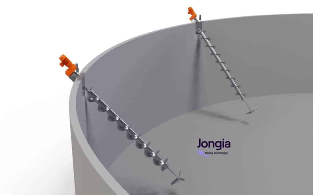 A large, round, gray tank with two angled metal mixing augers. Each auger has an orange motor on top and spiral blades extending downward into the tank. The tank appears empty and the background is plain white.