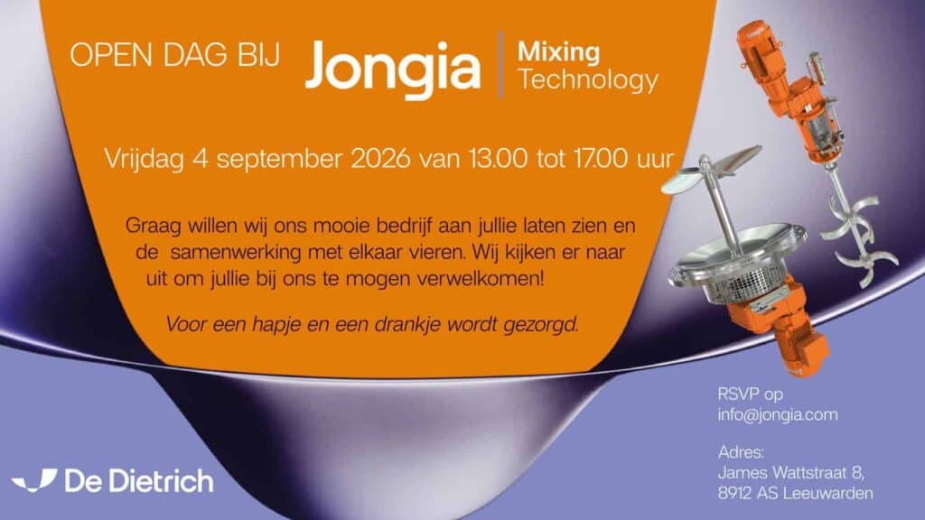 Invitation for Jongia Mixing Technologys open day on September 4, 2026, from 13:00–17:00. Orange equipment images on the right. Text invites guests, RSVP details, and company address at the bottom. De Dietrich logo in bottom left corner.