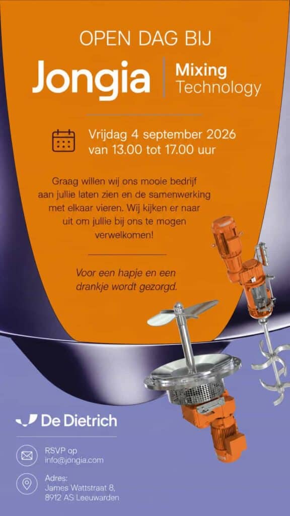 Poster for Jongia Mixing Technologys open day on 4 September 2026, 13:00–17:00, with orange mixing equipment, invitation text, RSVP info, De Dietrich logo, and address: James Wattstraat 8, 8912 AS Leeuwarden.