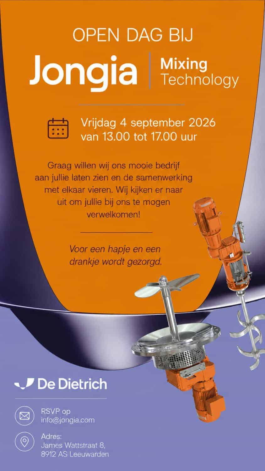 Poster for Jongia Mixing Technologys open day on September 4, 2026, 13:00-17:00, with invitation text, images of mixing equipment, De Dietrich logo, RSVP info, and event address on a blue and orange background.
