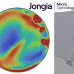 CFD velocity magnitude plot of a biogas tank mixed by three Jongia Multiprop mixers, next to a 3D render of a single Multiprop with helical crust breaker and propeller.