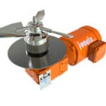 3D render of the Jongia Magnetic Bottom Mixer type JMB with its stainless steel impeller, magnetic coupling housing and orange gear motor.