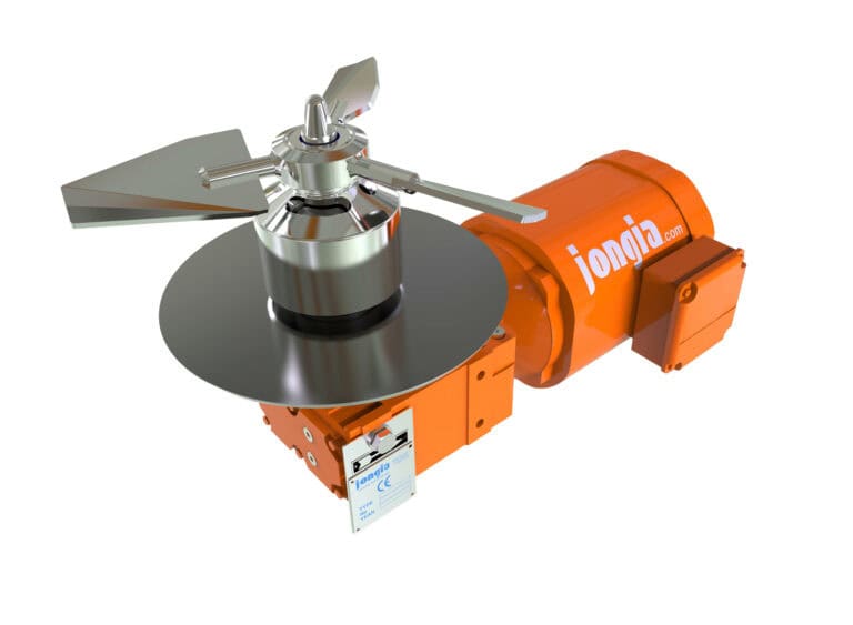 3D render of the Jongia Magnetic Bottom Mixer type JMB with its stainless steel impeller, magnetic coupling housing and orange gear motor.